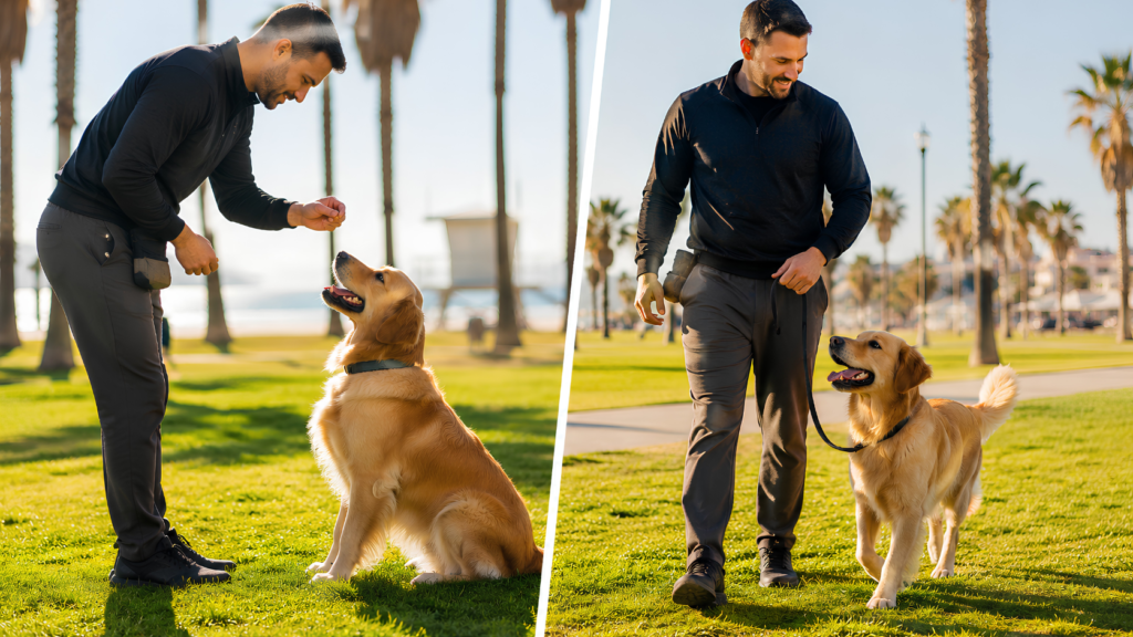 Professional dog trainer demonstrating positive reinforcement with treats and balanced leash guidance while training a Golden Retriever in a sunny Huntington Beach park.