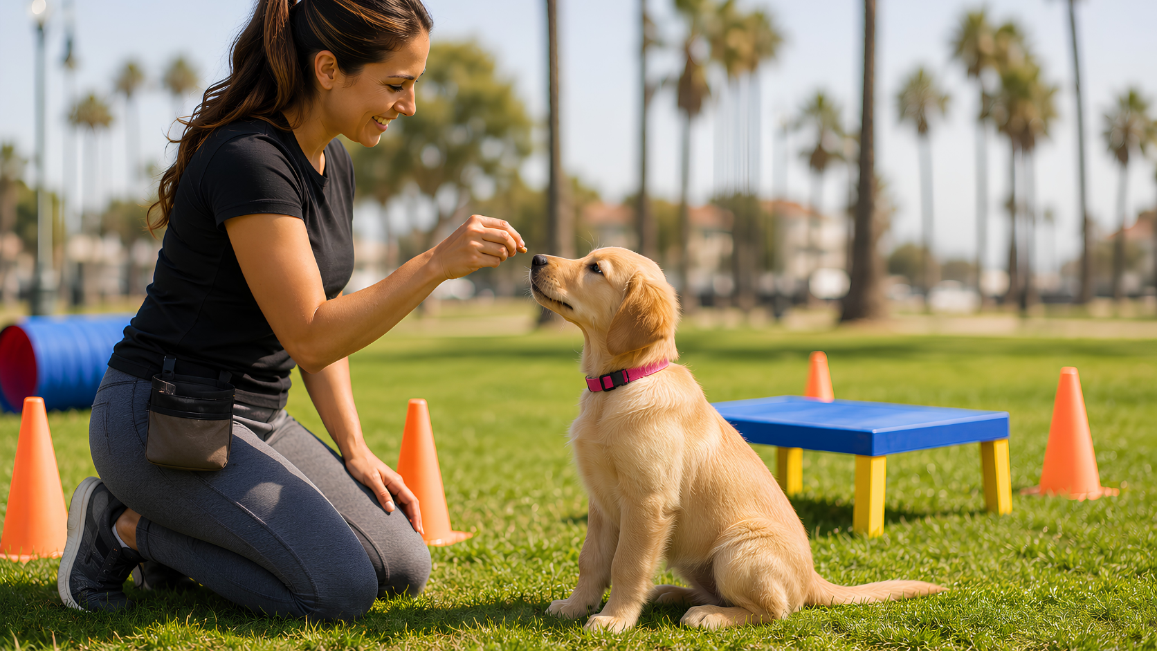 Female trainer from Beachside Dog Training rewarding a Golden Retriever puppy for sitting during an outdoor puppy obedience training session in Huntington Beach, California.