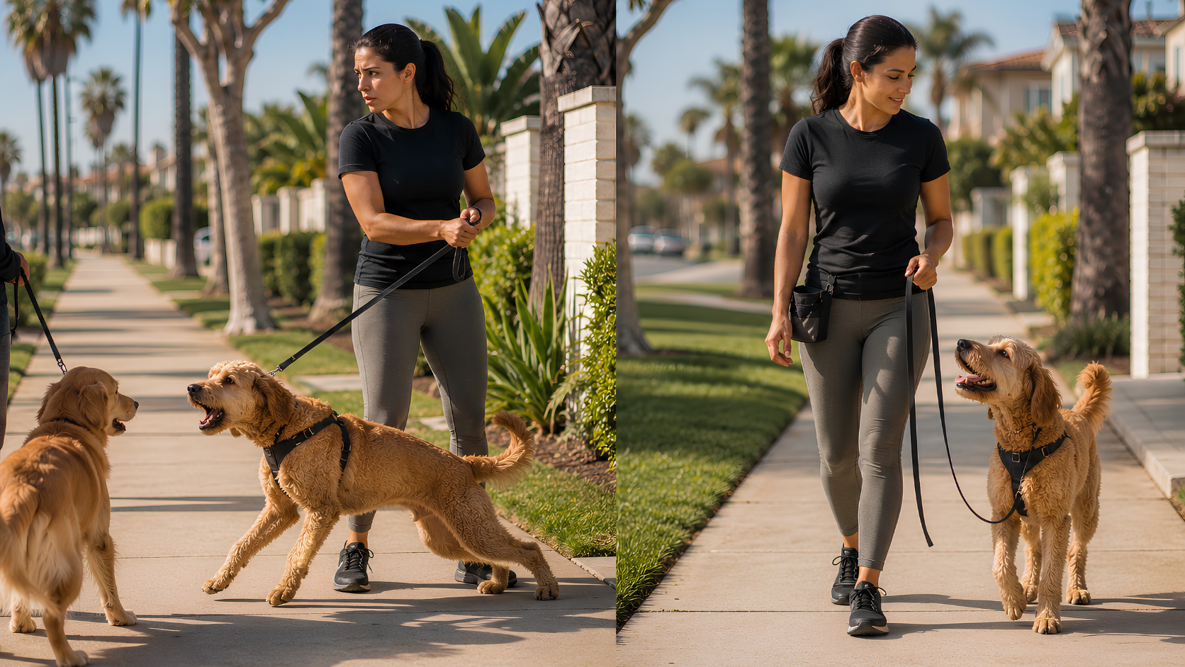 Before-and-after comparison of a reactive dog during leash training with Beachside Dog Training in Huntington Beach, California, showing barking and pulling before training and calm loose-leash walking after training.