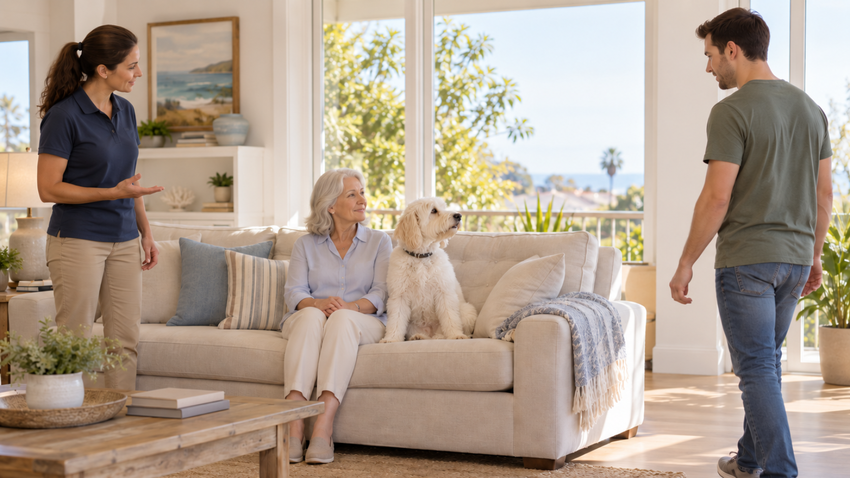 Fluffy white dog sitting beside a senior woman on a couch, watching a younger man while a dog trainer coaches nearby.