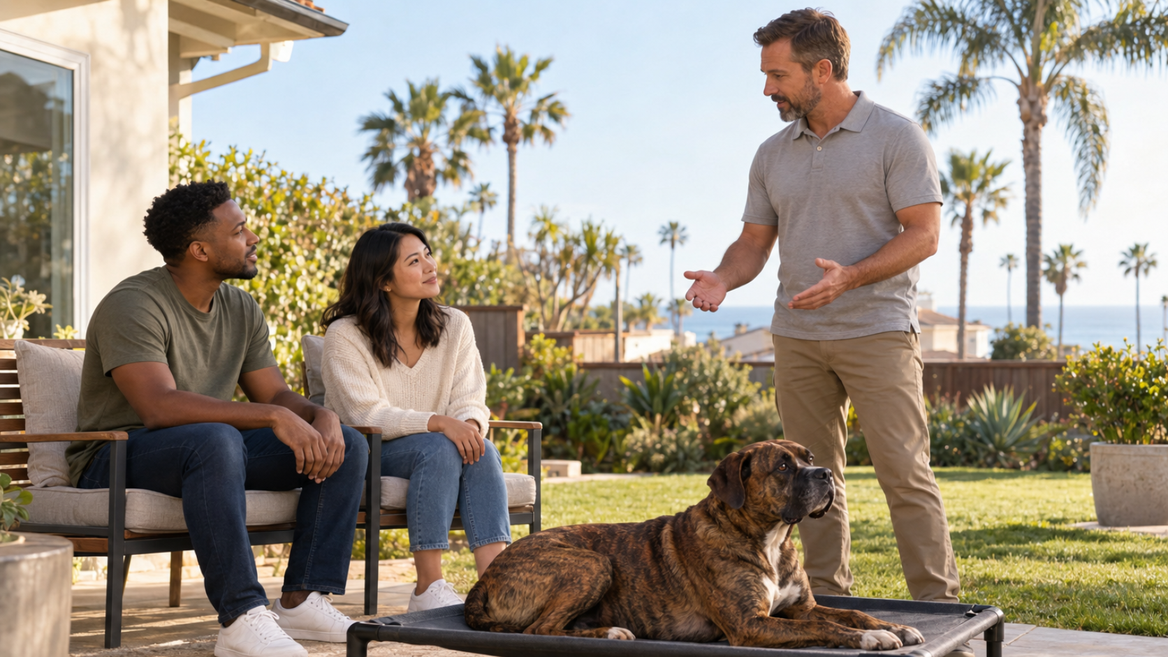 Dog trainer coaching a young couple beside their brindle boxer mix resting on a raised cot in a sunny backyard.