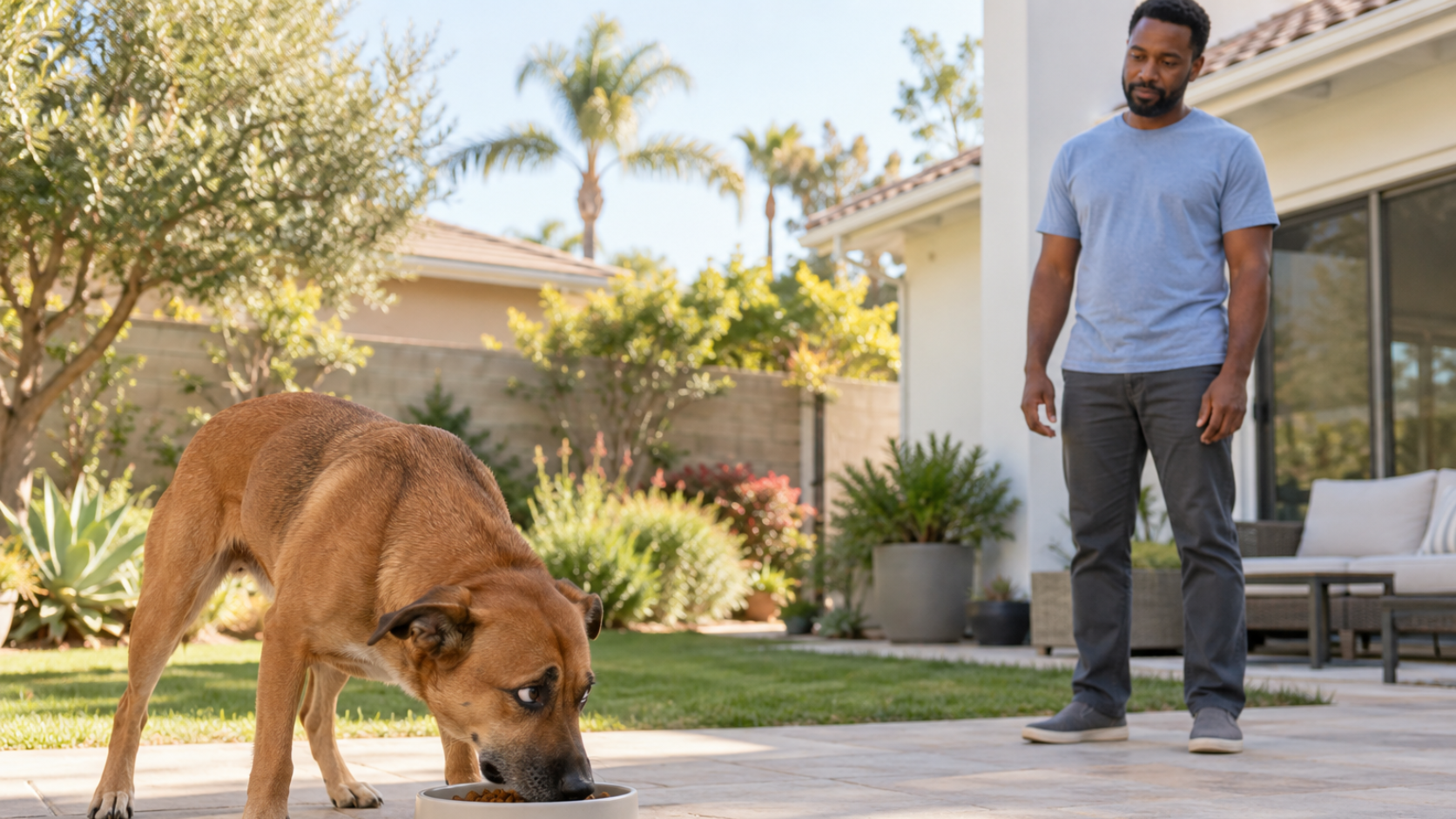 Brown dog eating from a bowl on a sunny patio while a Black man calmly observes from several feet away.