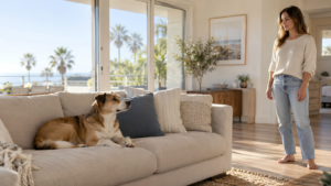 Alert dog resting on a couch while its owner calmly observes from several feet away in a bright coastal living room.