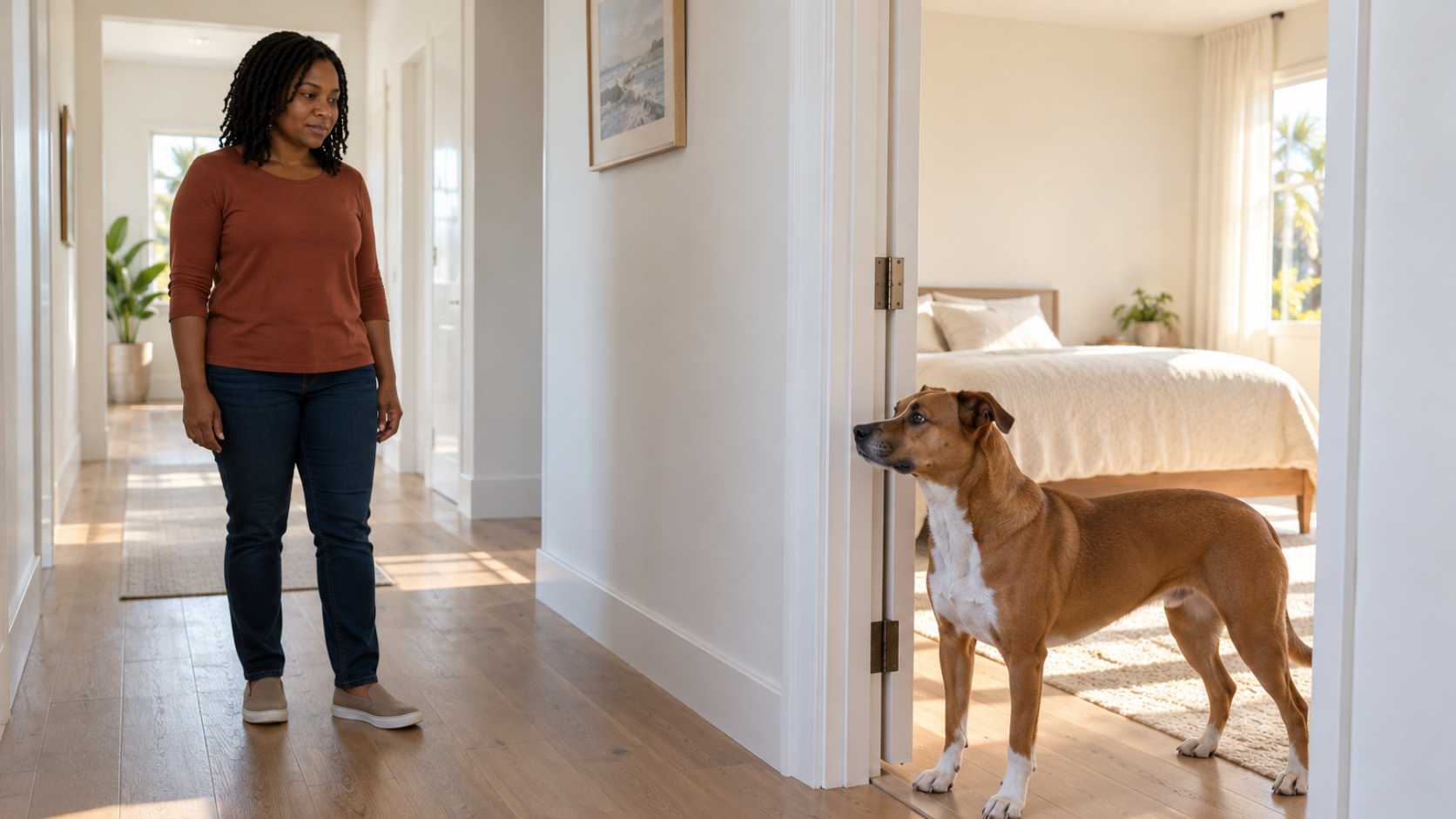 Brown and white dog standing across a bedroom doorway while a Black woman calmly watches from several feet away.