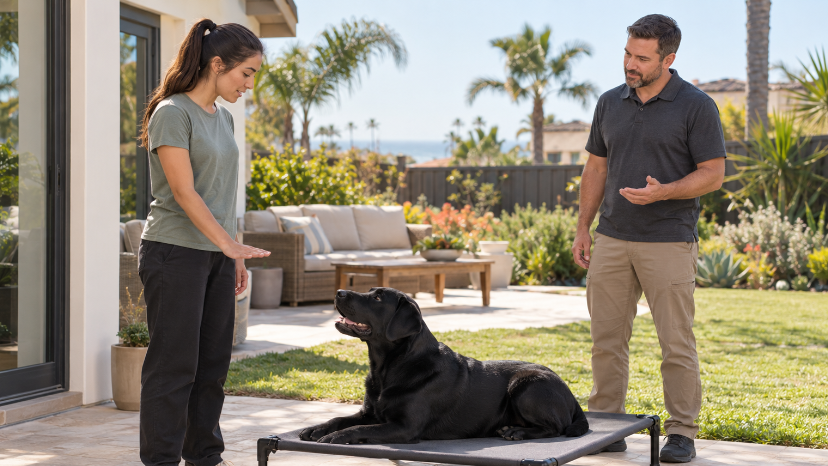 Young woman giving a hand cue to a black Labrador lying on a raised training cot while a male trainer coaches nearby.