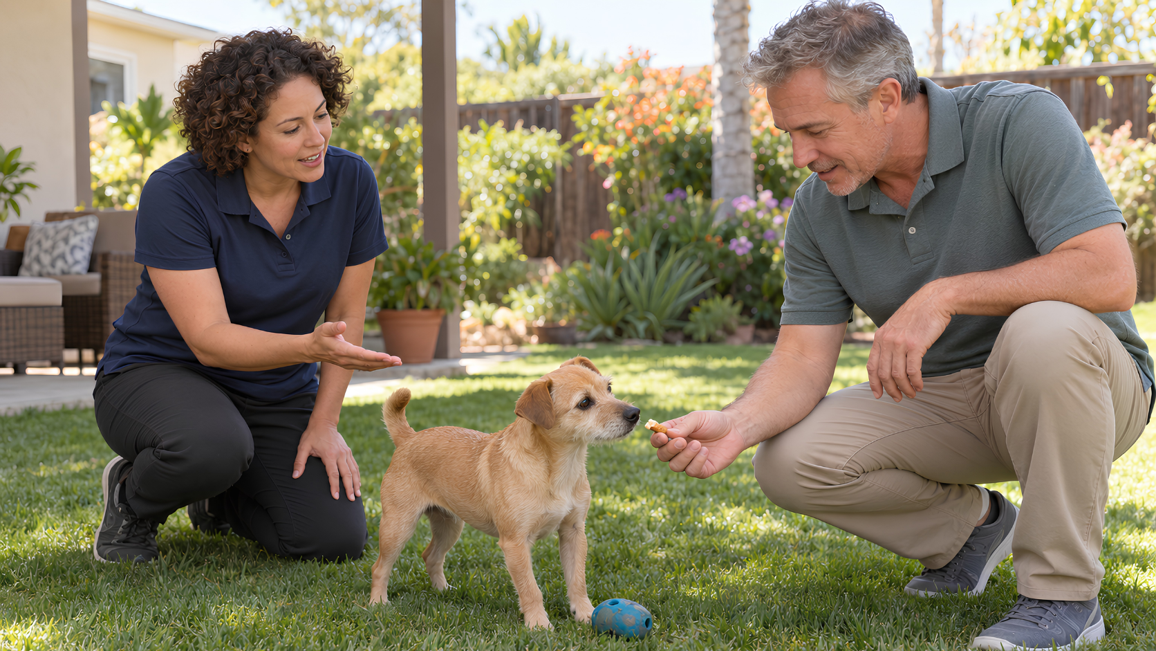 Woman dog trainer guiding a middle-aged man as he offers a treat to a small tan terrier beside a blue toy in a sunny backyard.